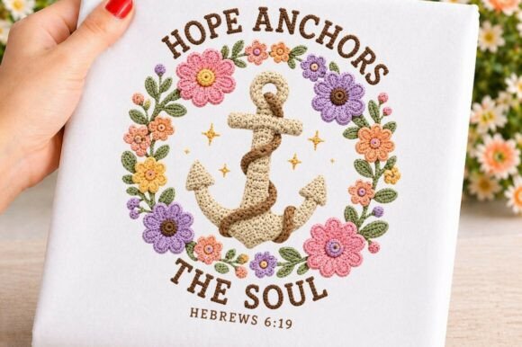 Hope Anchors Soul Floral Embroidery PNG
