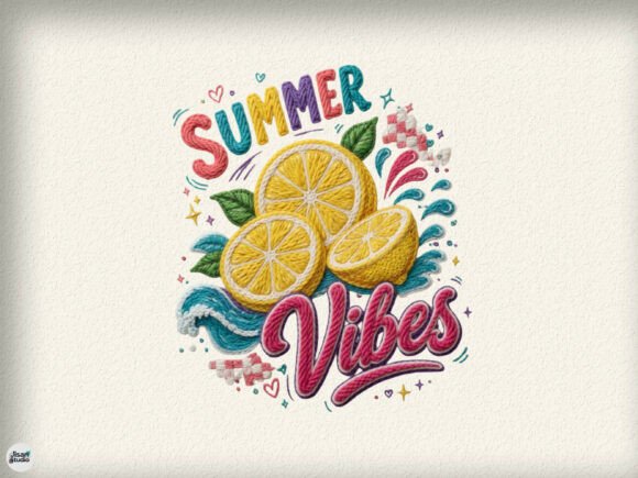 Summer Lemon Vibes Embroidery PNG Design