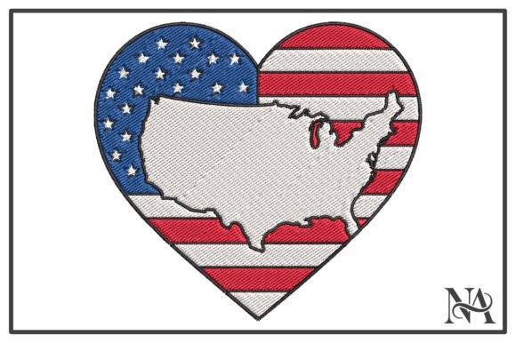 USA Flag Heart Map Embroidery Design